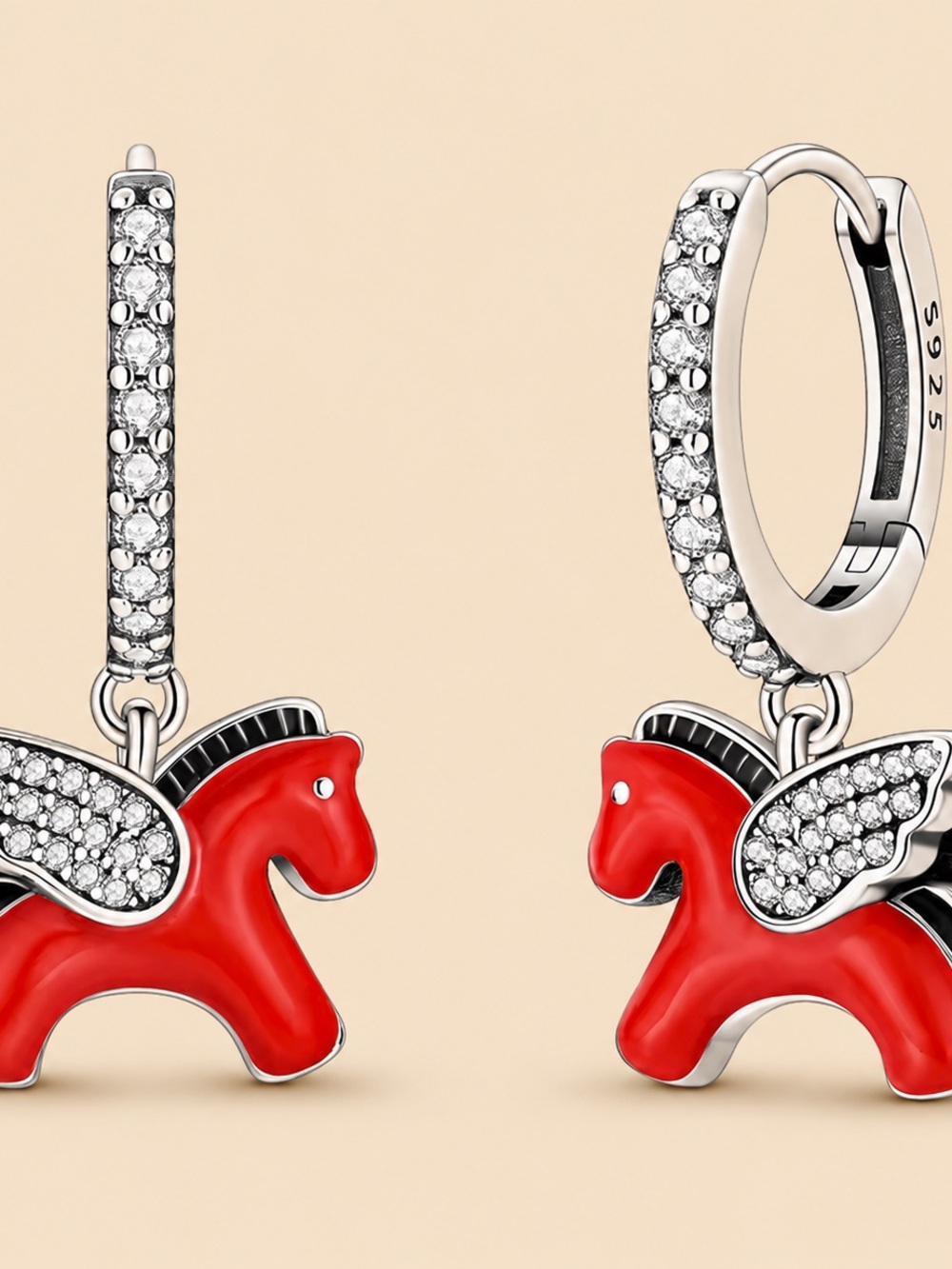 Red Pony Dangle Hoop Earrings with Crystal Wings